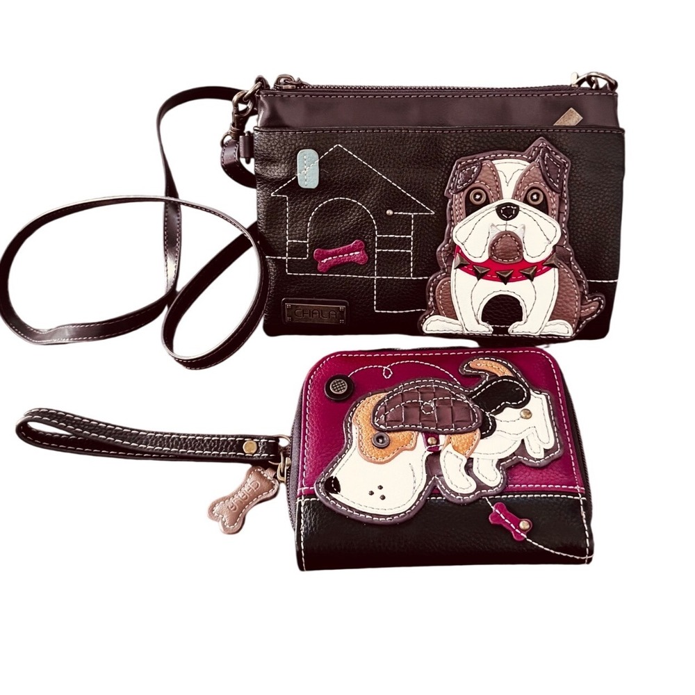 Chala Bulldog Crossbody Bag and Matching Hound Dog Wristlet Wallet Set Brown EUC
